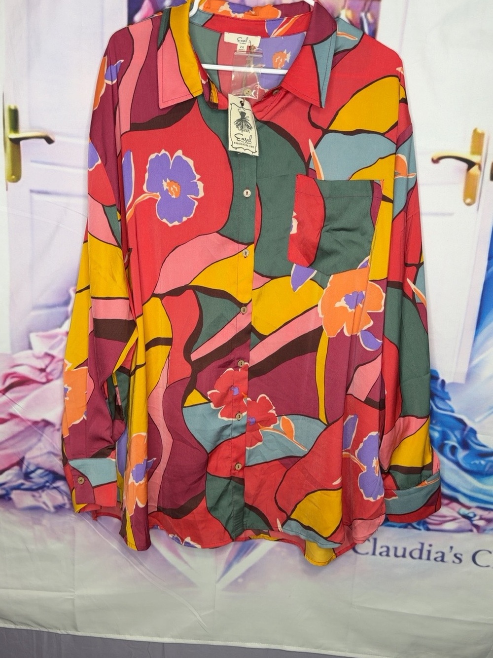 easel Multicolor Floral Button-Up Blouse in Red, Yellow, Green, Purple